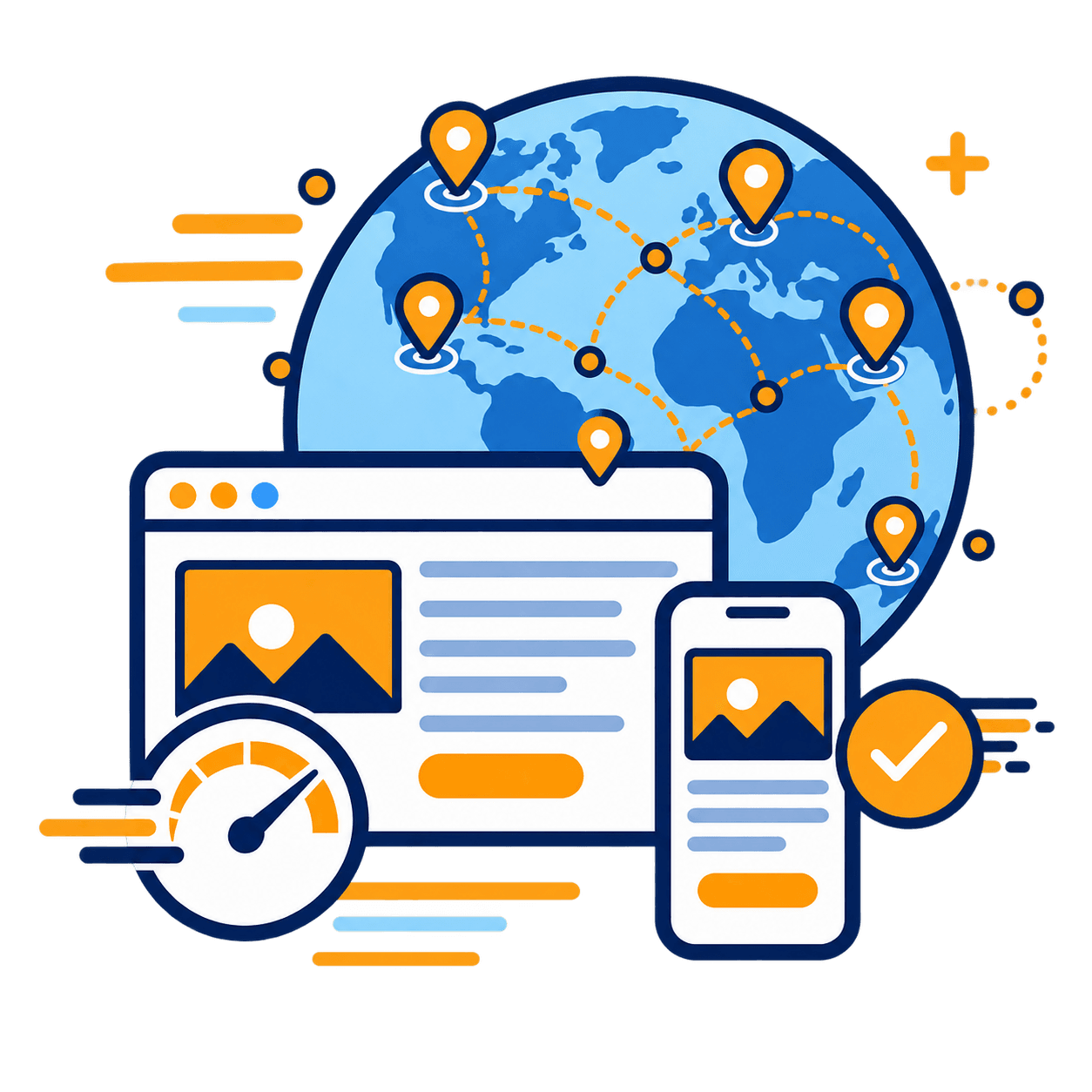 Illustration of a fast website on desktop and mobile for visitors around the world