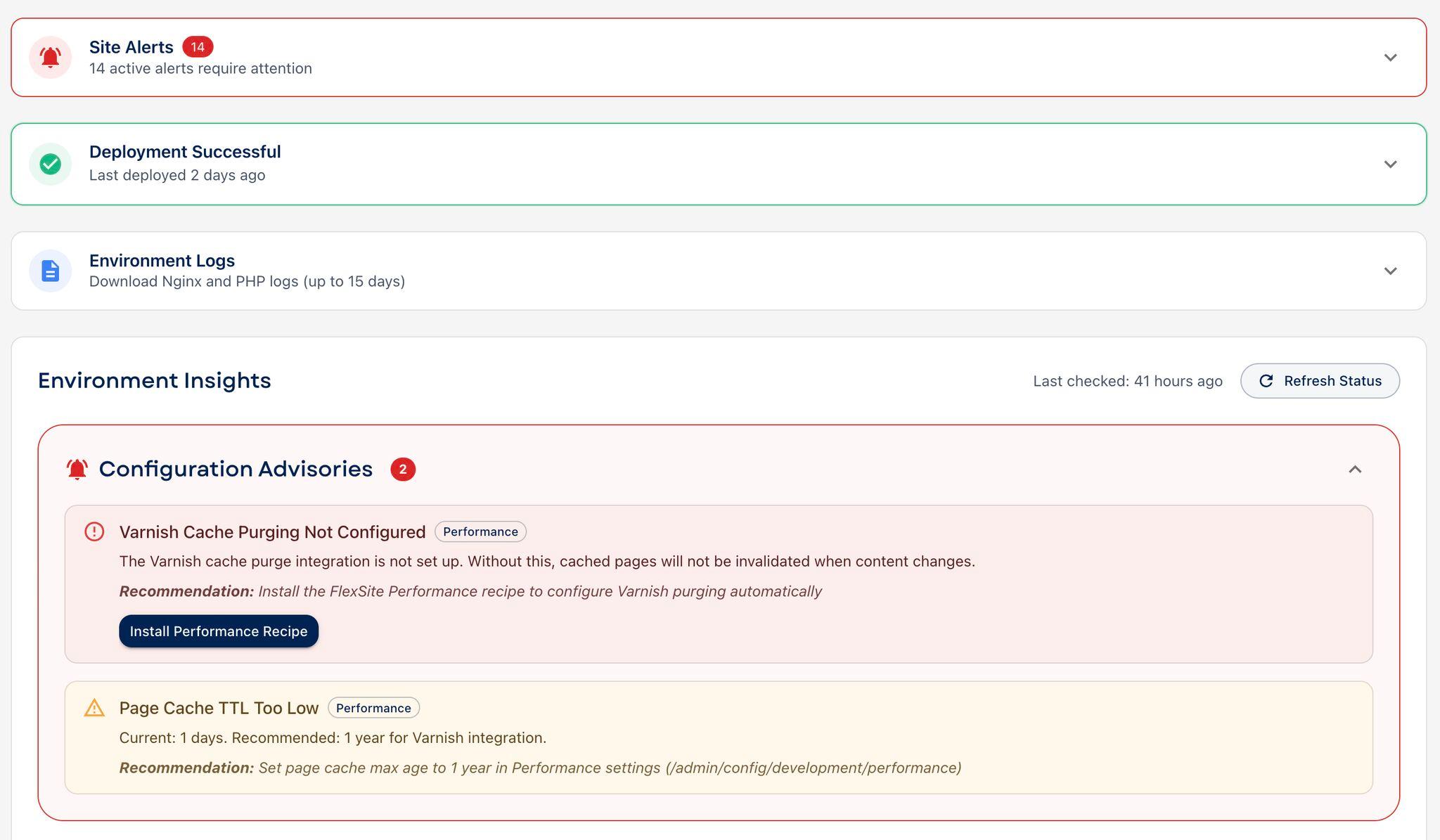 Alertes de site et conseils de configuration