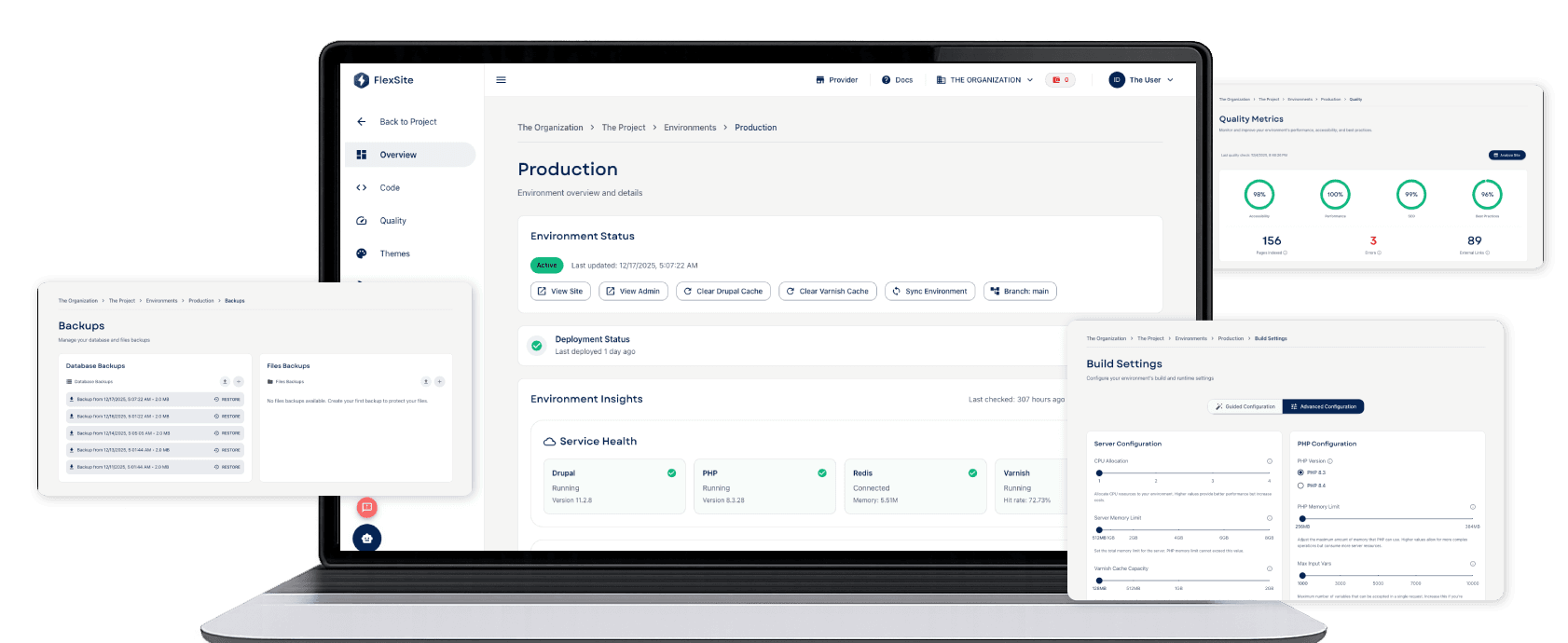 FlexSite dashboard for managing websites and updates